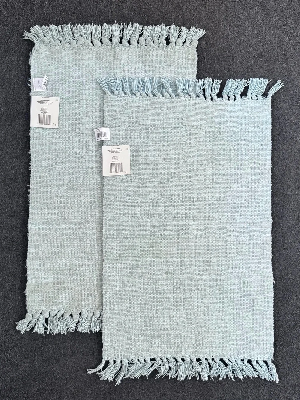 Home Collections Checkered Fringe Bath Mats Cotton Set of 2 Aqua Blue 18x28 NWT